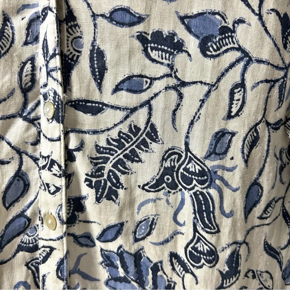 100% Linen Rachel Zoe Blue/Gray Floral Shirt Long Sleeves Roll Tab Buttons Sz M - Picture 7 of 10